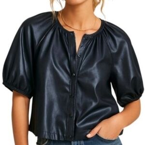 Anthropologie Avec Les Filles Faux Leather Puff Sleeve Top Black Size Medium